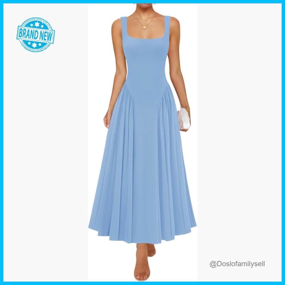 Sleeveless Square Neck Maxi Dress Flowy A-Line Beach Vacation Elegant